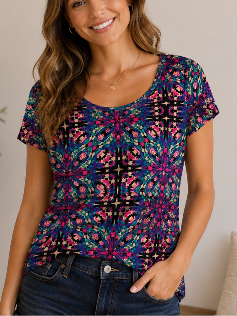 LuLaRoe Short Sleeve Kaleidoscope Floral Tee in Blue, Pink, Black